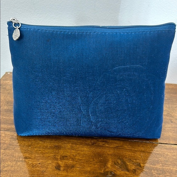 Lancôme Paris Blue Cosmetic Bag Floral Makeup Purse Organize Travel Zipper Seude - Picture 3 of 7